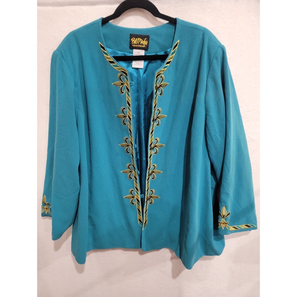 Bob Mackie Wearable Art Teal Embroidered Fleur De Lis Blazer Jacket Women's 3X‎